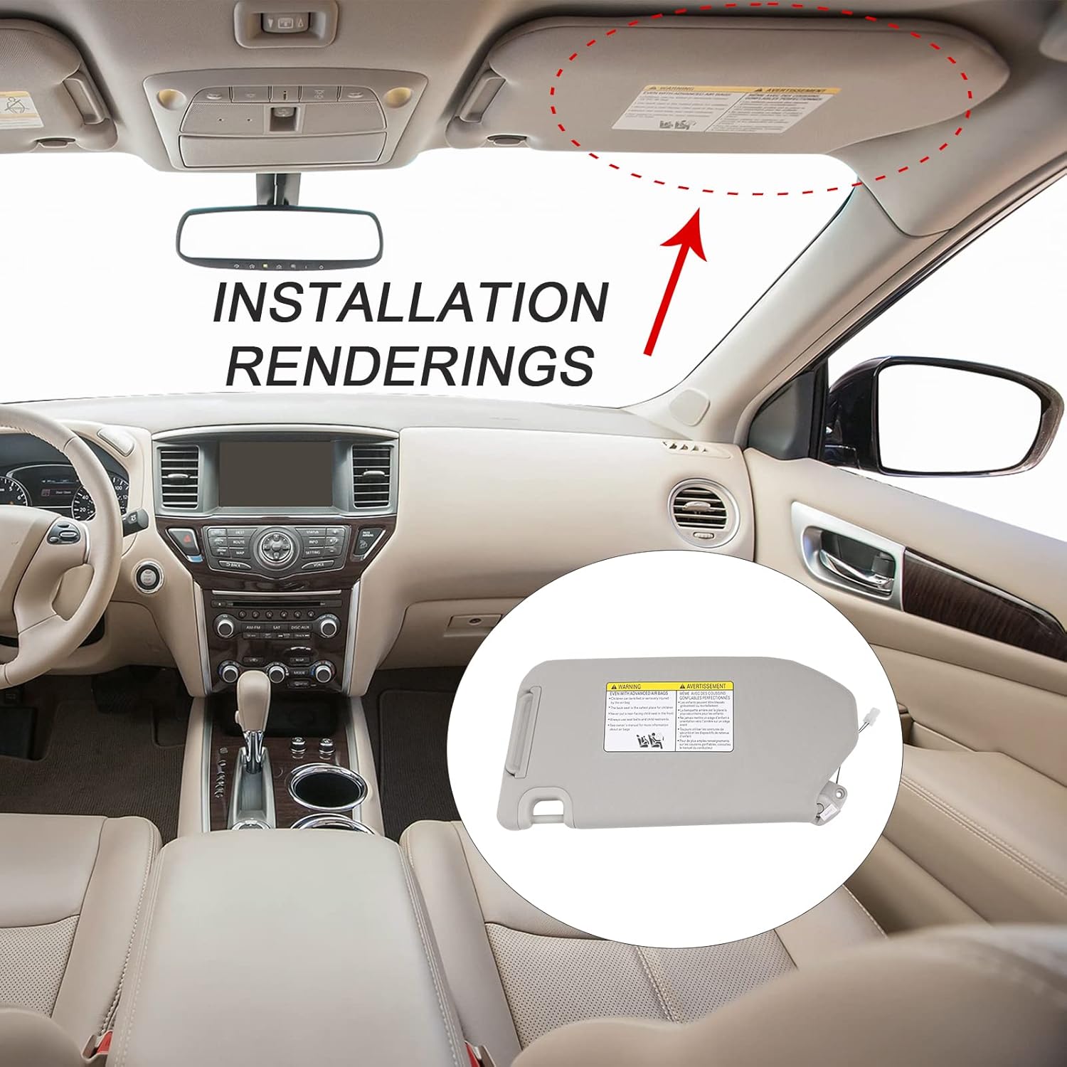 DICMIC Visera solar del lado del pasajero derecho para Nissan Pathfinder 2013-2018 Infiniti QX60 2013 Infiniti JX35 2013 Reemplazo # 96400-9PB0A,