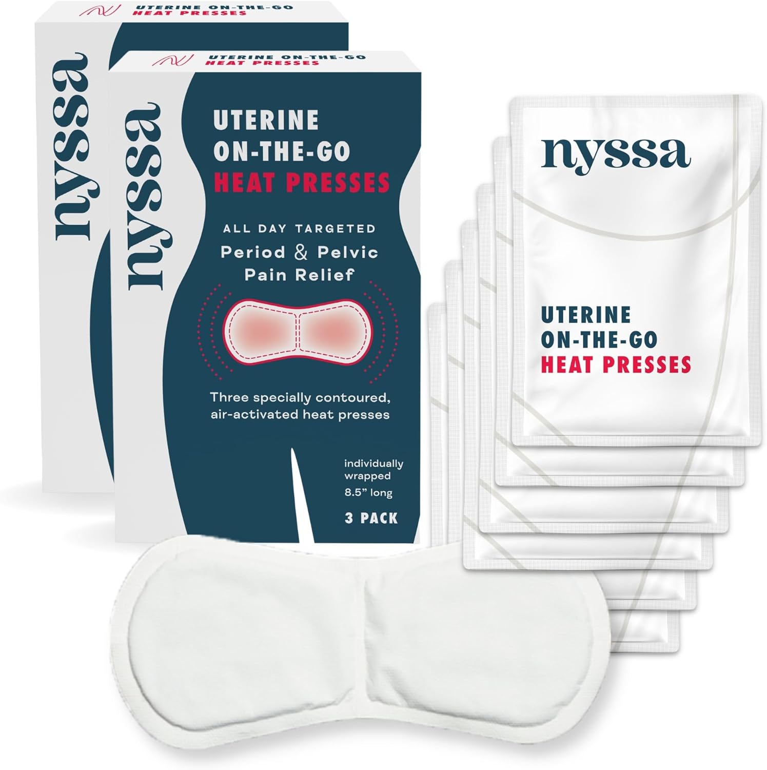 Nyssa Prensas de calor uterinas sobre la marcha, paquete de 2 x 3 (6 prensas), para aliviar el dolor menstrual