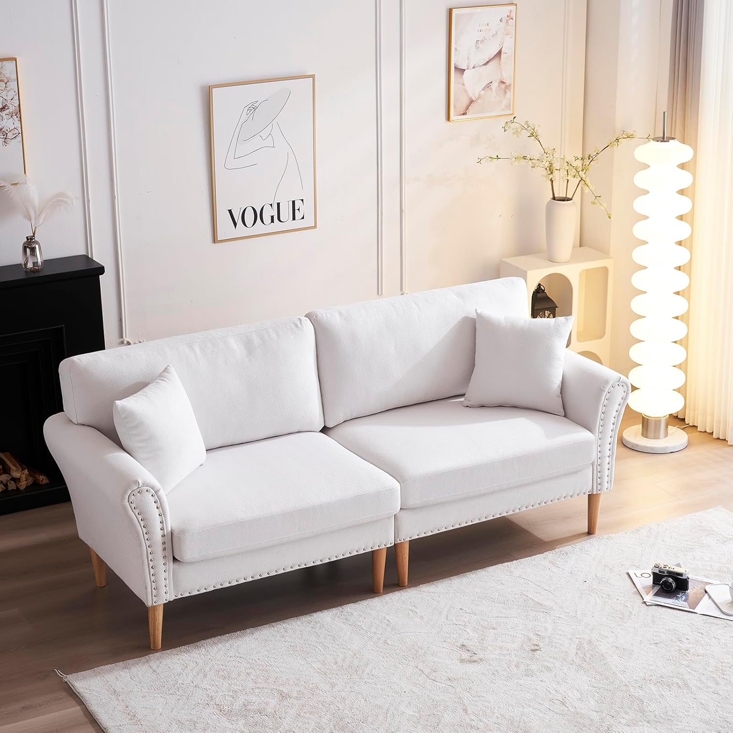 VINGLI Sofá moderno de asiento profundo de 83.5 pulgadas, cómodo sofá biplaza con ribete de clavos y patas de madera maciza, para sala de estar,