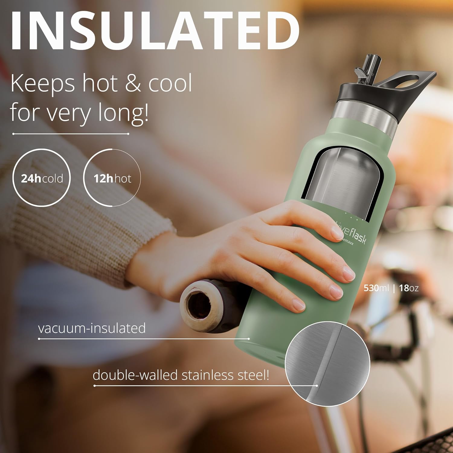Botella de agua de acero inoxidable con popote (3 tapas), sin BPA, a prueba de fugas, adecuada para bebidas carbonatadas, botella de agua,