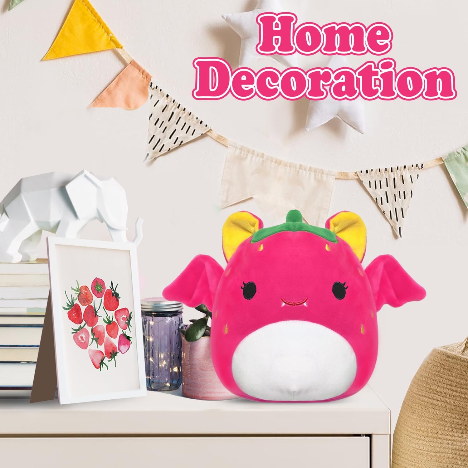ROMINVIC – Almohada de peluche de murciélago de fresa, 8 pulgadas, peluche de murciélago Kawaii 3D para Navidad, cumpleaños, regalos para niños,
