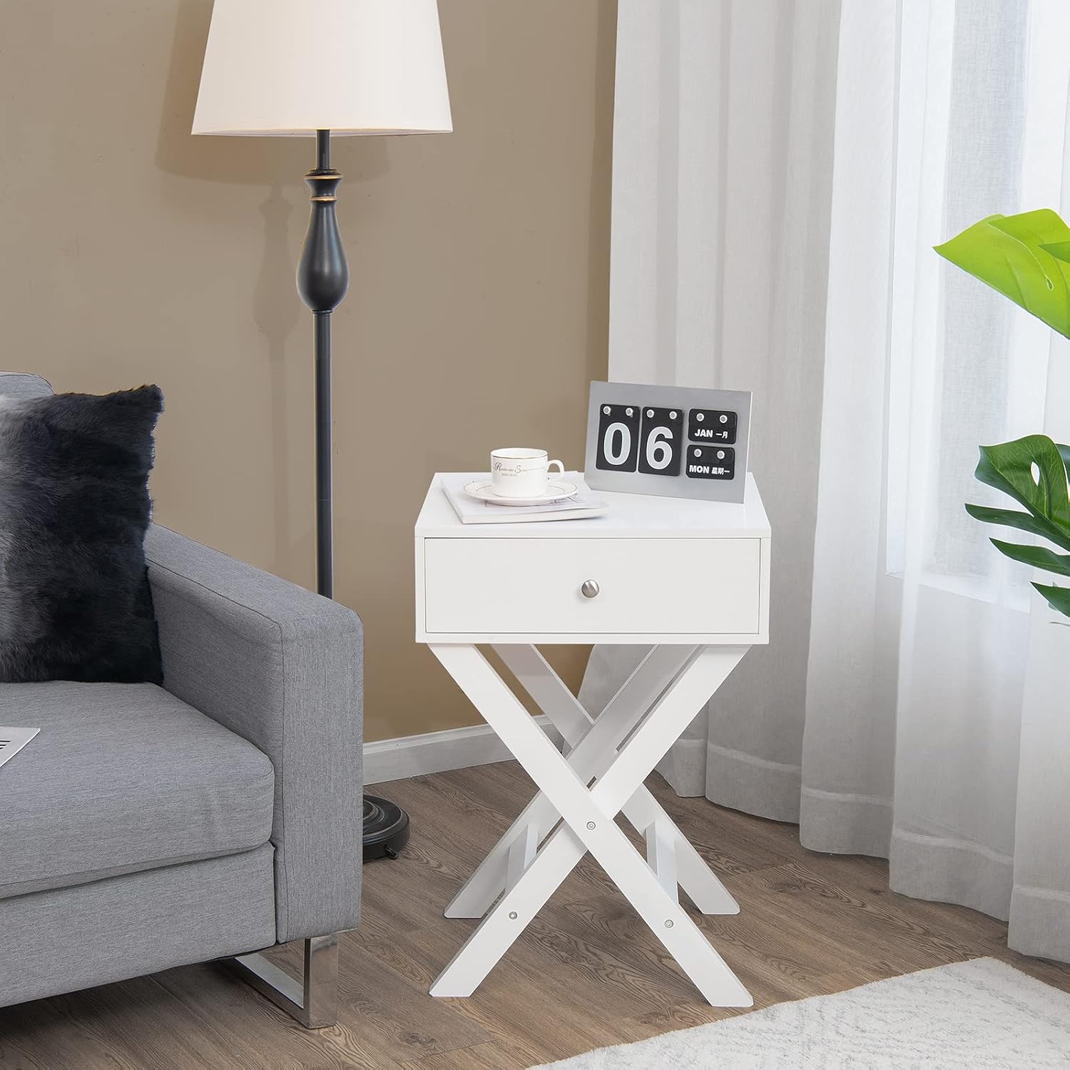 COSTWAY Mesita de noche con cajón X estructura en forma de acento sofá mesa lateral blanco