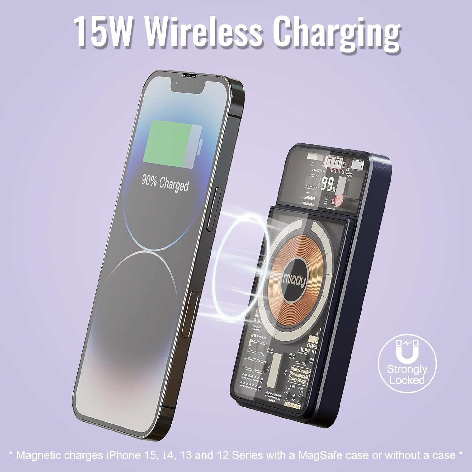 Miady Batería magnética de 10000 mAh, PD 20 W USB-C de carga rápida Power Bankw cables incorporados, cargador portátil inalámbrico para iPhone