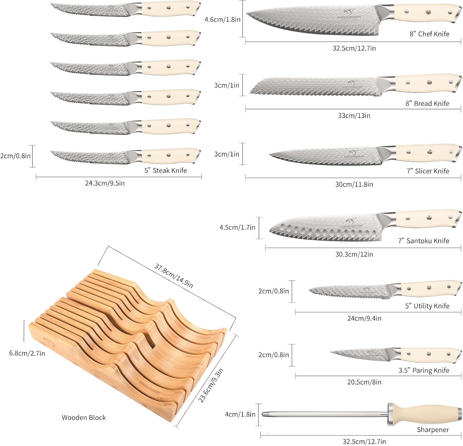 NANFANG BROTHERS Damascus – Juego de cuchillos de cocina de 14 piezas, mango ergonómico ABS para VG10 acero profesional cuchillos de chef con bloque