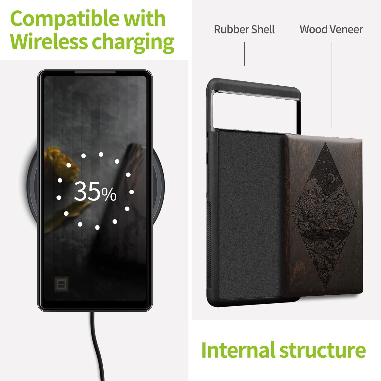 Carveit Funda de madera para Pixel 6a 2022 madera natural y TPU suave negro a prueba de golpes, funda de madera única y elegante compatible con