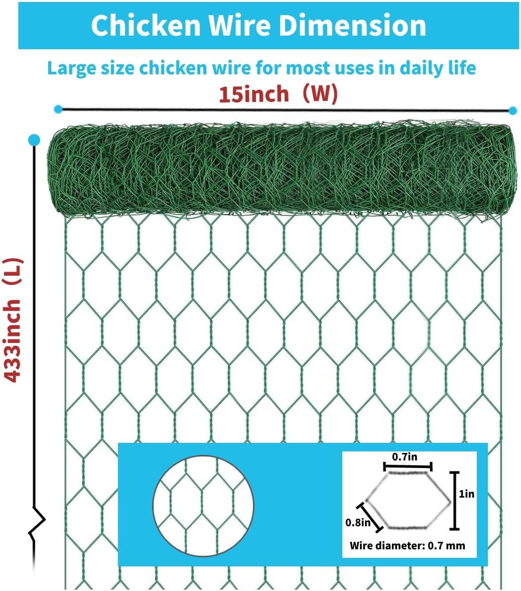 Alambre de pollo, valla de alambre de pollo, malla de alambre de pollo para jardín, malla de 0.63 pulgadas de 15 x 433 pulgadas, alambre de pollo