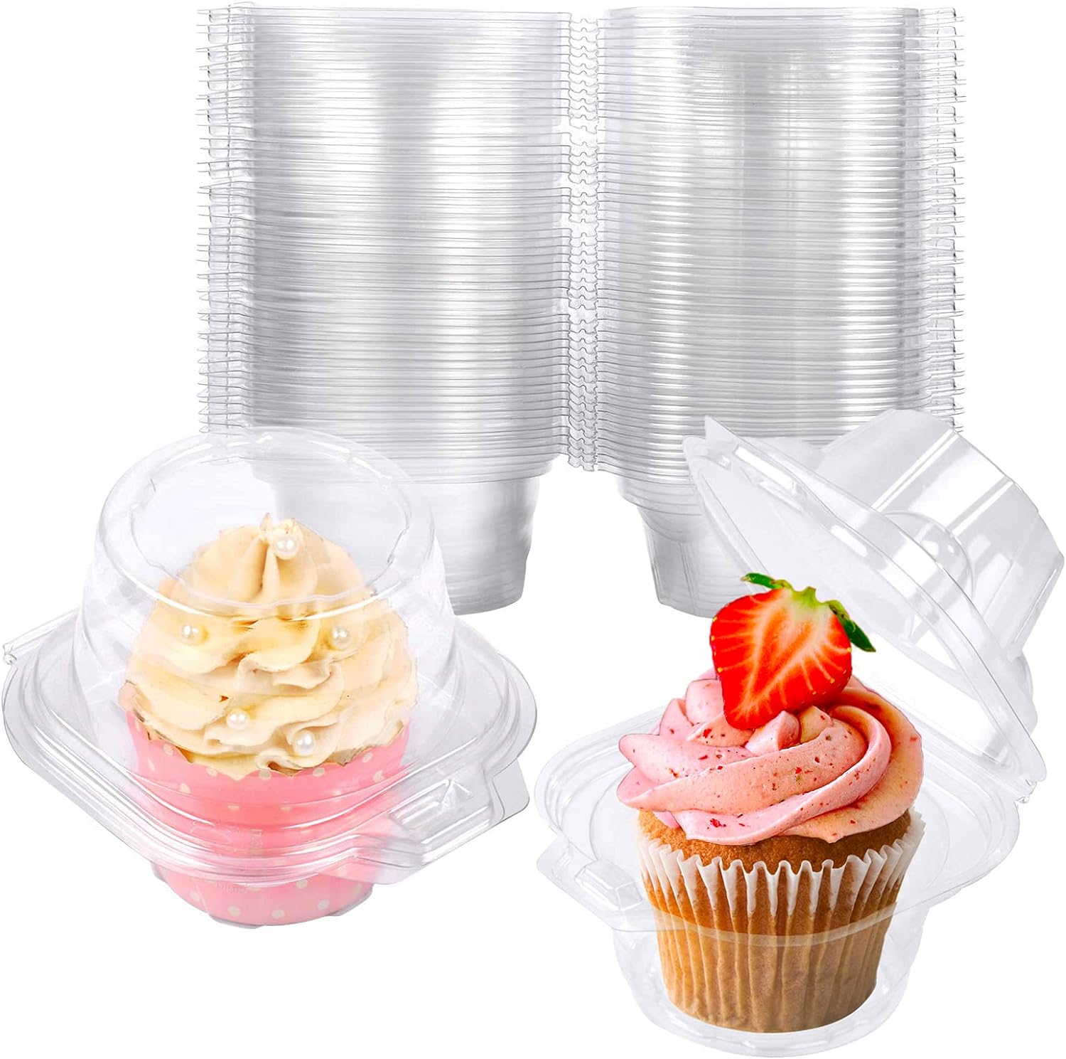 Paquete de 150 recipientes individuales para cupcakes, cajas de plástico para cupcakes, soportes apilables para cupcakes