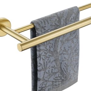 JQK Toallero de baño doble, oro cepillado de 27 pulgadas, acero inoxidable 304 de grosor de 0.031 in para baño, toallero de pared para montaje en JQK Toallero de baño doble, oro cepillado de 27 pulgadas, acero inoxidable 304 de grosor de 0.031 in para baño, toallero de pared para montaje en