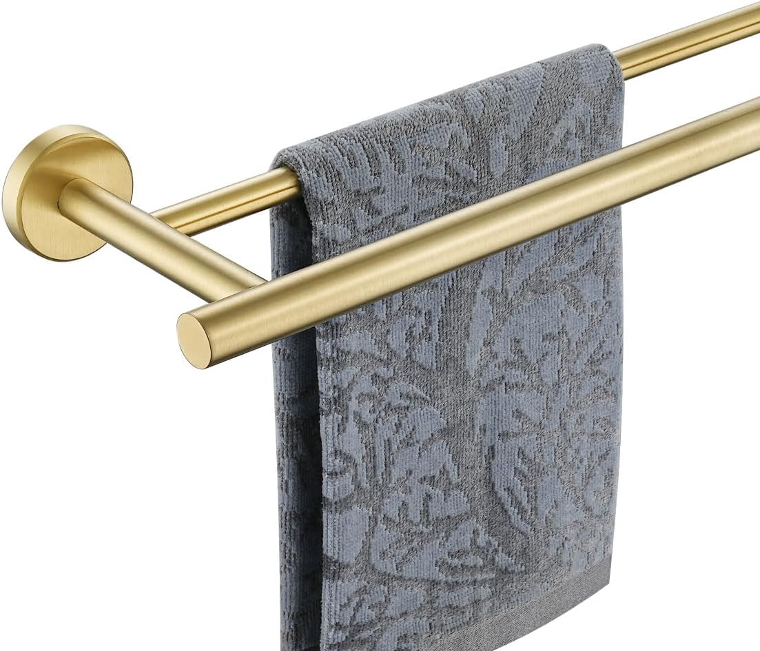JQK Toallero de baño doble, oro cepillado de 27 pulgadas, acero inoxidable 304 de grosor de 0.031 in para baño, toallero de pared para montaje en