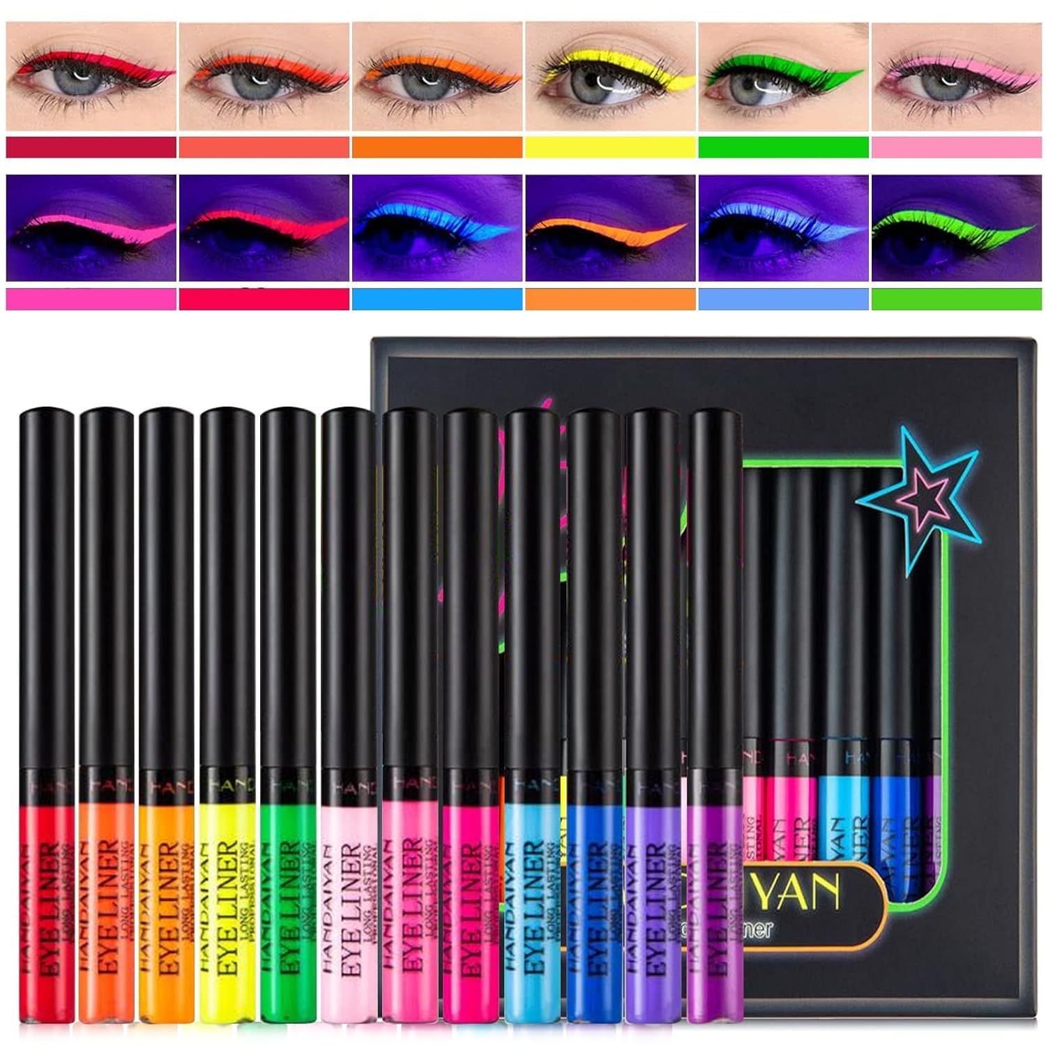 MAEPEOR Juego de delineador líquido mate de 12 colores, con brillo UV, delineador de ojos neón, impermeable, a prueba de manchas, de larga duración,