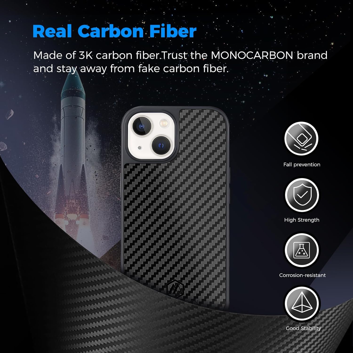 MONOCARBON Funda de fibra de carbono real para iPhone 15, lujosa funda de sarga minimalista de 6.1 pulgadas a prueba de caídas compatible con