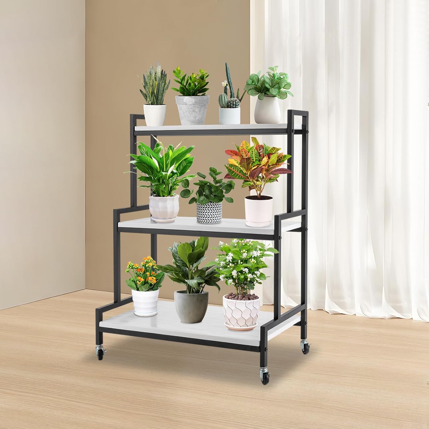Soporte para plantas de 3 niveles para interiores y exteriores, soporte rústico para macetas con ruedas, estante de exhibición de plantas de madera