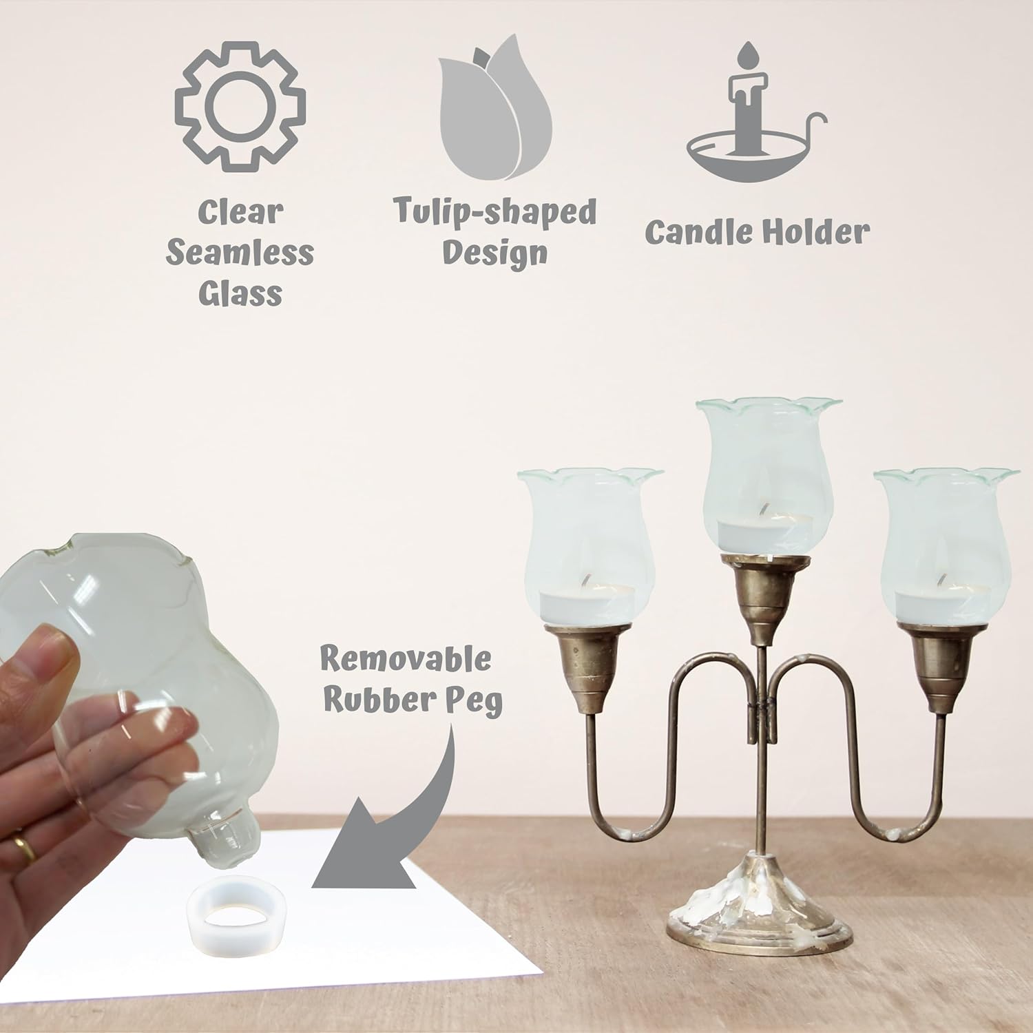 Clear Glass Votive Cups with Peg 6 Pack, Tulip Votive for Candelabra Candle Holder, Home Interior Candle Sconce Glass Replacement Parts, Shabbat