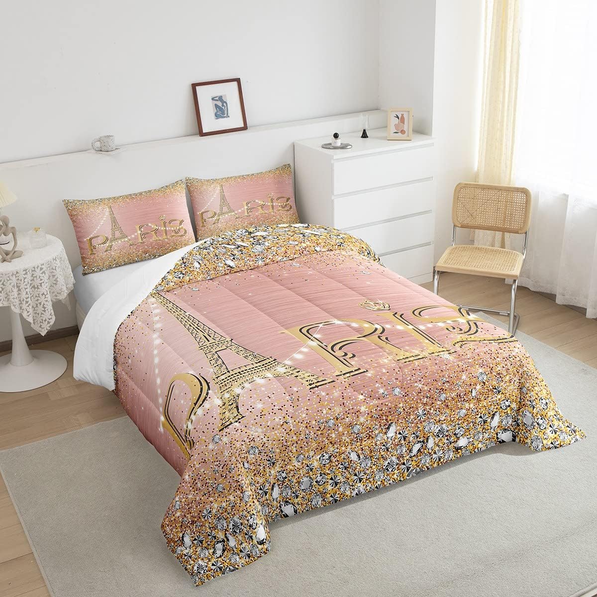 Juego de ropa de cama de tamaño matrimonial de la Torre Eiffel, romántico juego de ropa de cama de la torre de París para adolescentes y adultos,