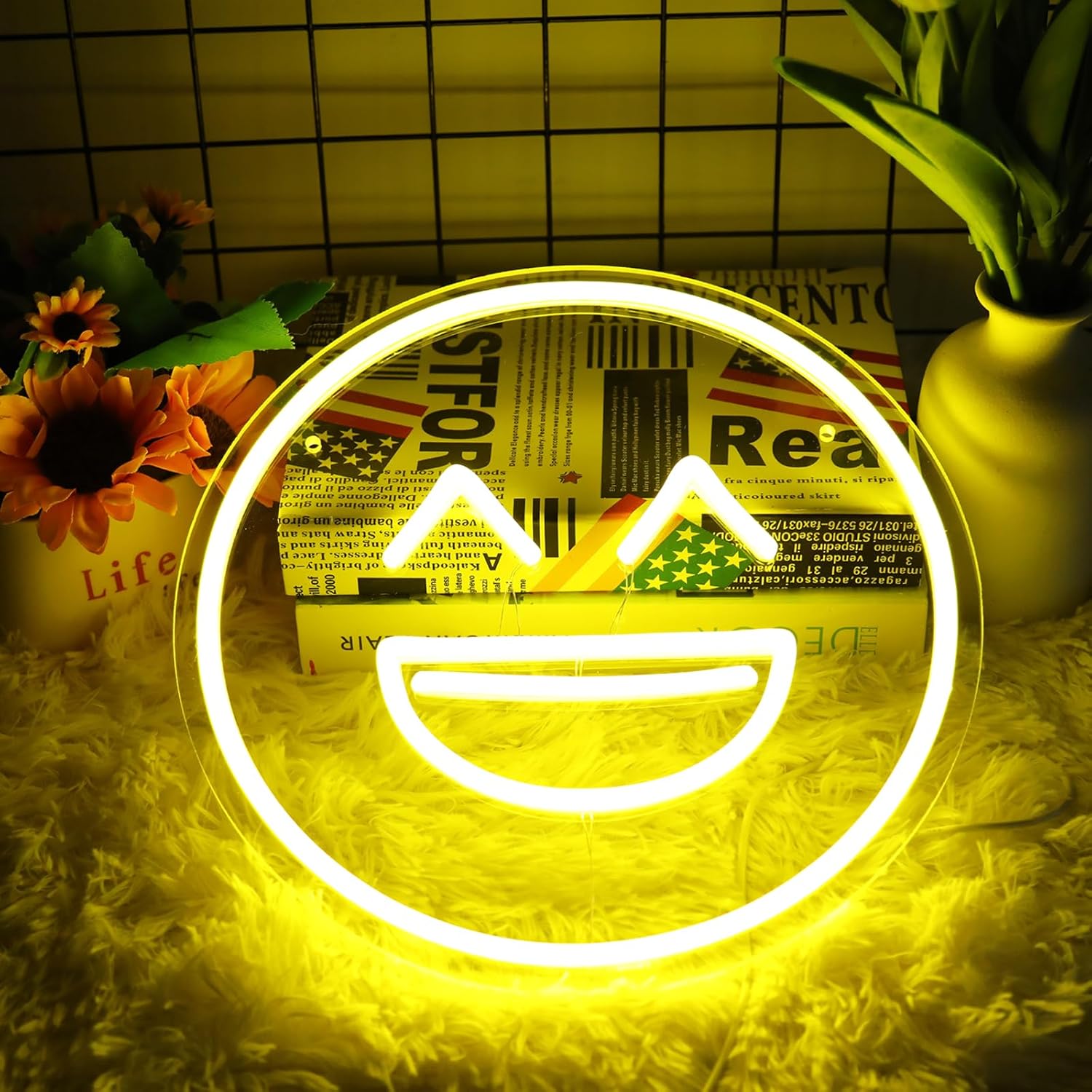Letrero de neón con cara sonriente para decoración de pared, 5 V, alimentado por USB, con luz LED, luz de neón feliz con interruptor regulable para