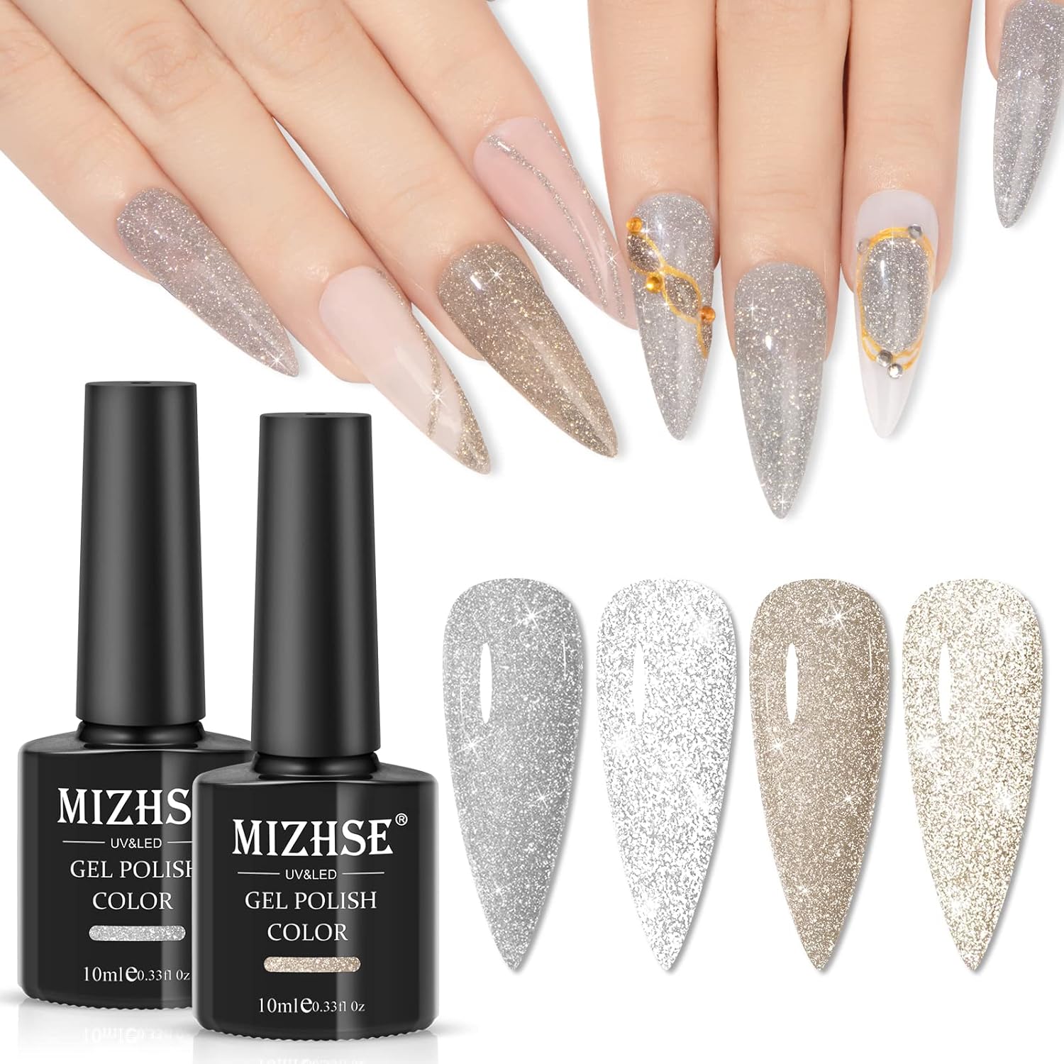 MIZHSE Esmalte de uñas de gel reflectante, esmalte de gel plateado y dorado con purpurina, 2 colores, juego de manicura de gel de uñas de diamante