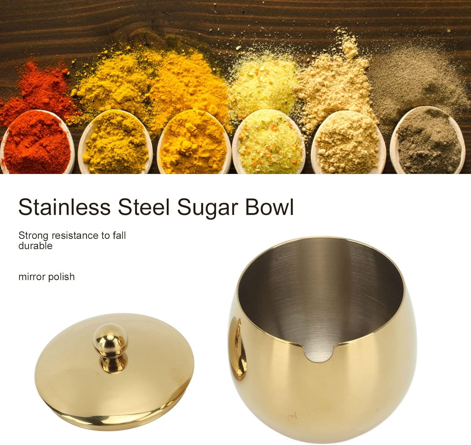 Pssopp Azucarero con tapa, tarro de especias de acero inoxidable, recipiente pequeño para condimentos para el hogar y la cocina (dorado)