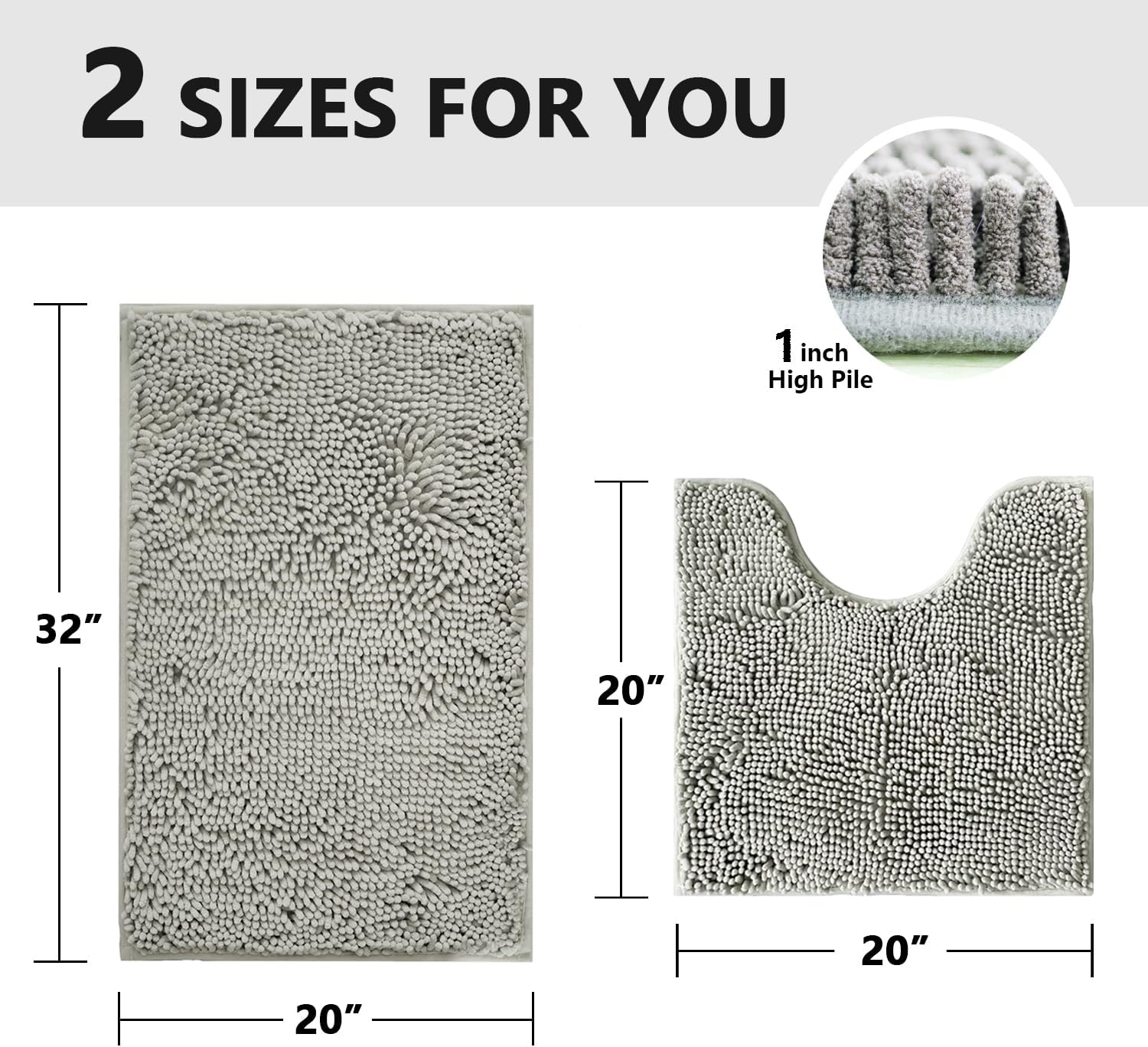 Juego de 2 alfombras de baño absorbentes para baño, felpilla muy suave, antideslizante, 32 x 20 + 20 x 20 pulgadas, alfombra de baño en forma de U,