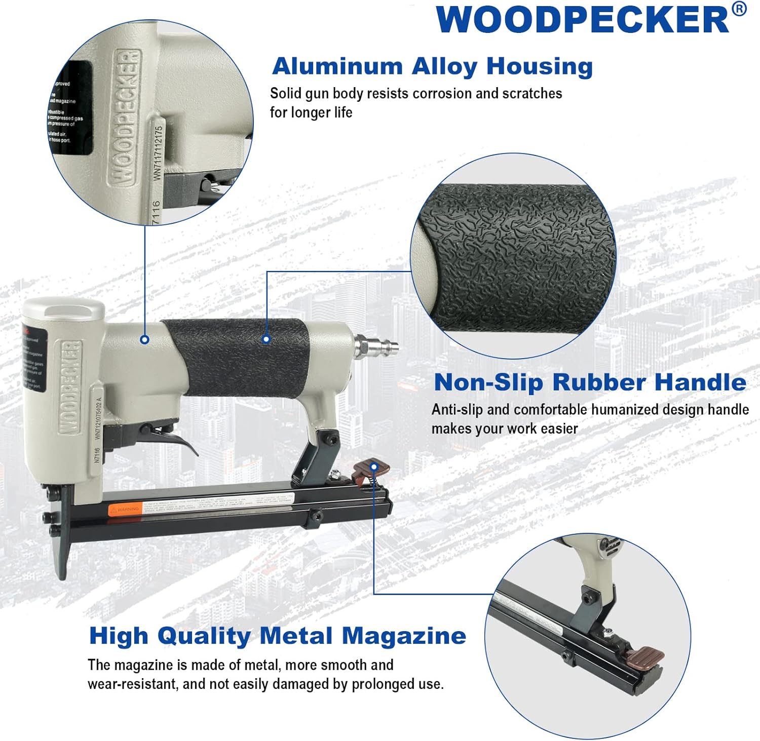 WOODPECKER N7116 – Pistola de grapas de tapicería de calibre 22, 38 pulgadas, grapadora neumática para tapicería, serie 71, pistola de grapadora de