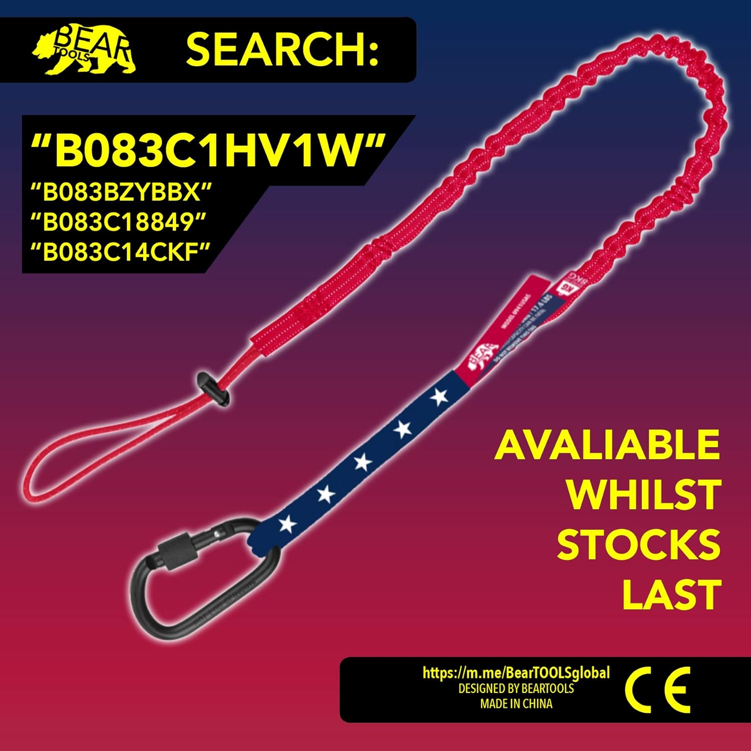 BearTOOLS – Cordón para herramientas con mosquetón único y extremo de bucle ajustable, longitud estándar, límite de peso máximo de 17.6 lbs17.6