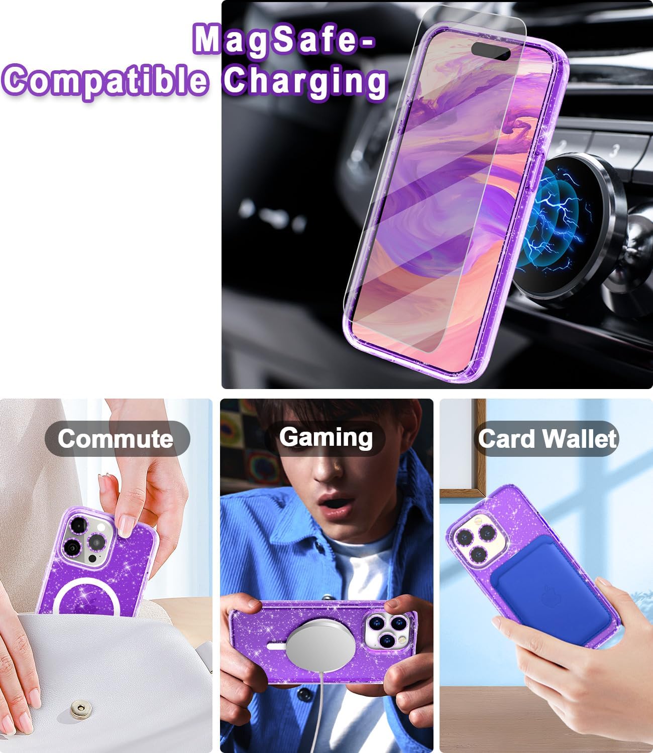 Funda magnética brillante para iPhone 15 Pro compatible con MagSafe, 2 protectores de pantalla y 2 protectores de lente de cámara de diamante,
