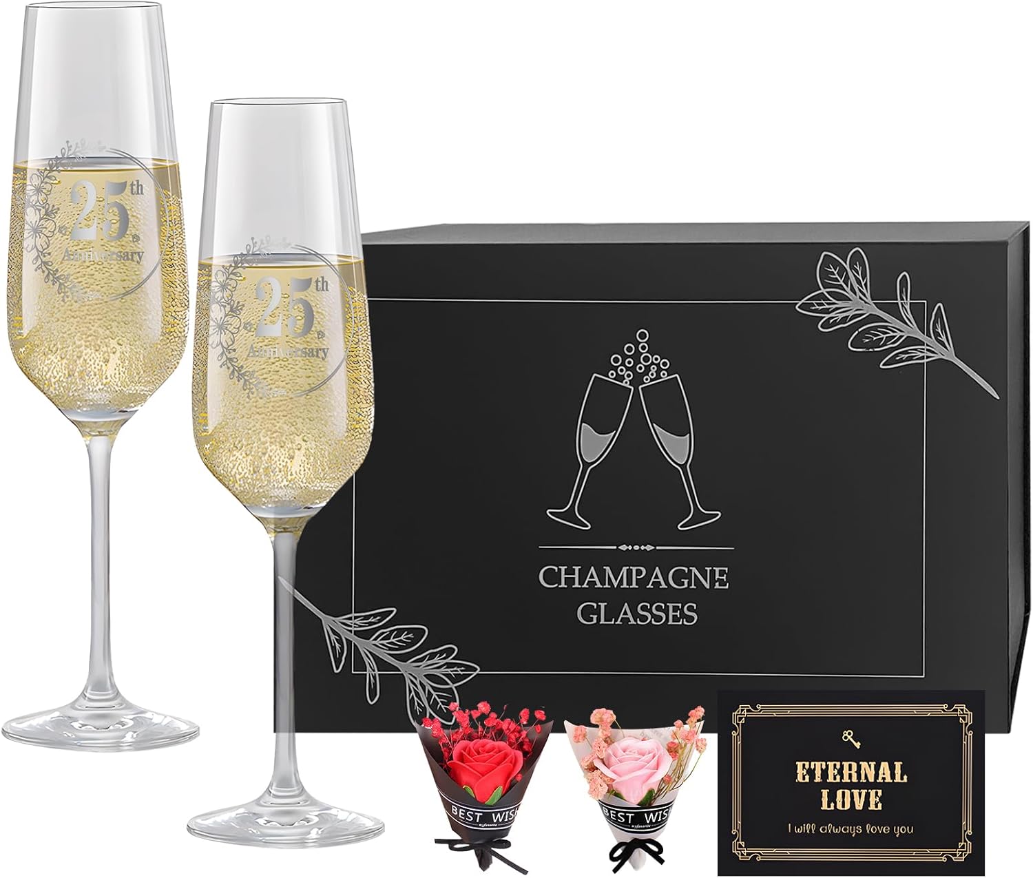 Copas de champán de 25 aniversario, regalos para parejas para aniversario, juego de 2 copas de champán de aniversario, regalos de boda, regalos para