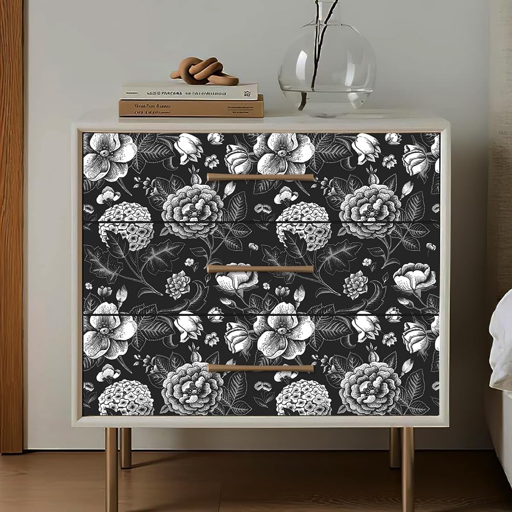 Papel tapiz vintage moderno en blanco y negro, papel tapiz floral, autoadhesivo, prepegado, papel tapiz removible (17.7 x 118.1 pulgadas,