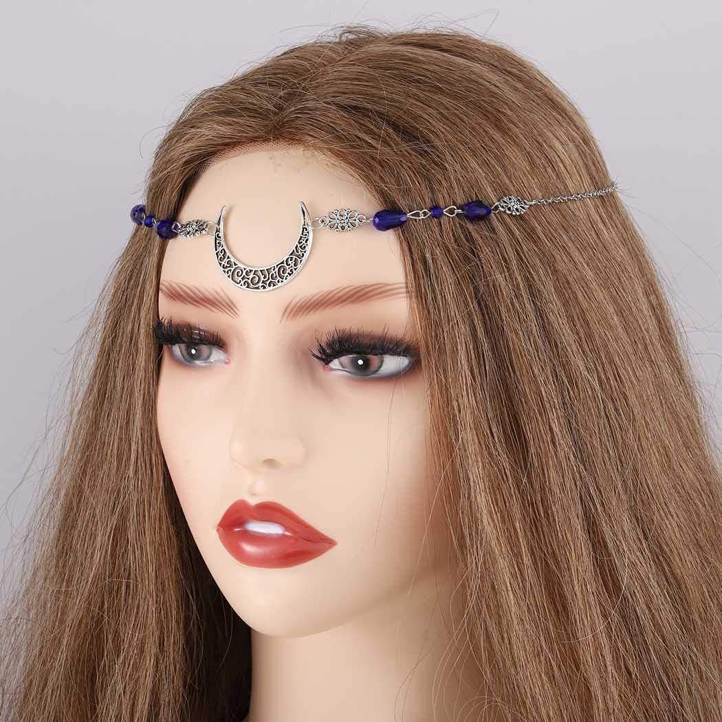 Cadena bohemia para la frente, cadena de bronce para la frente, tocados de luna creciente, accesorios para el cabello de cristal para mujeres y niñas