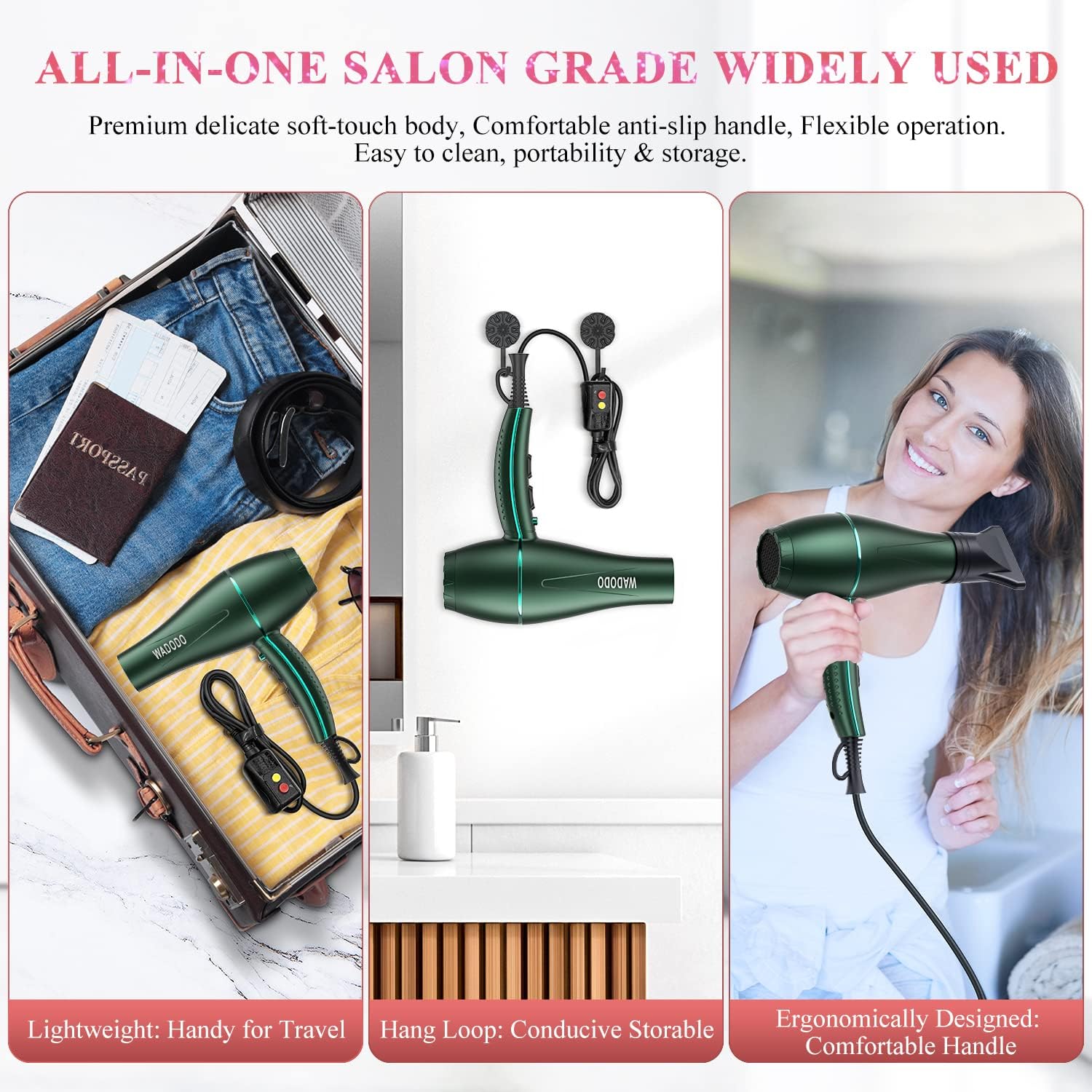 Secador de pelo iónico, secador profesional de 2200 W, secado rápido, secador de pelo de viaje, motor de CA, temperatura constante, secador de pelo