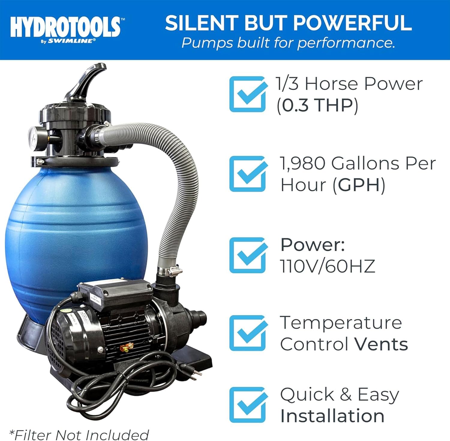 SWIMLINE HYDROTOOLS Bomba de piscina para piscinas sobre el suelo  0.3 HP, descarga vertical, bombas de filtro de 2220 GPH  115 V, flujo potente de