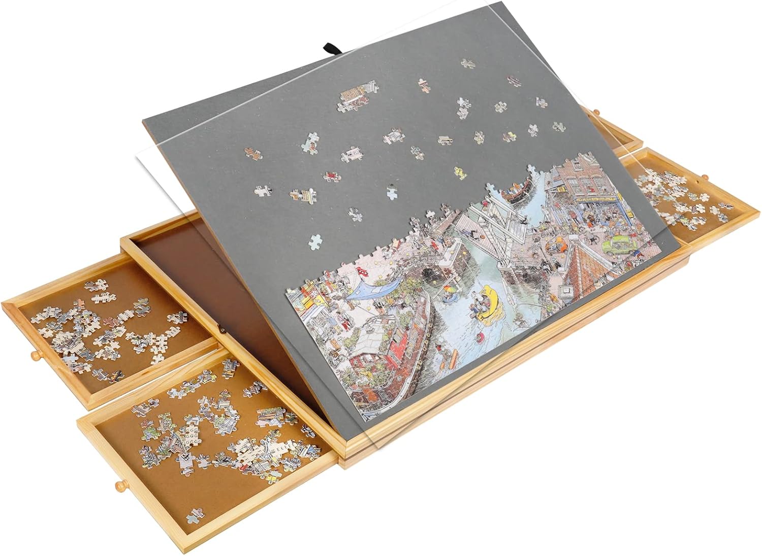 Mesa de rompecabezas para adultos, tablero de rompecabezas de madera de 1500 piezas con 4 cajones de 35 x 26 pulgadas, tablero de rompecabezas de