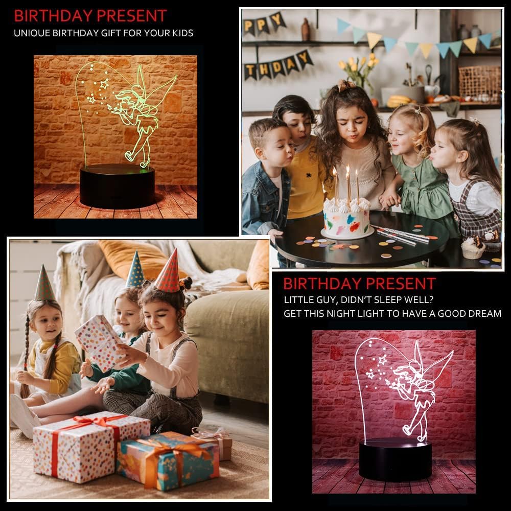 Magic Elf Tinker Bell Miss Bell Rare Peter Pan Snowflake Tinkerbell Anime Character 3D LED Decoración Dormitorio Lámpara de mesa con control remoto