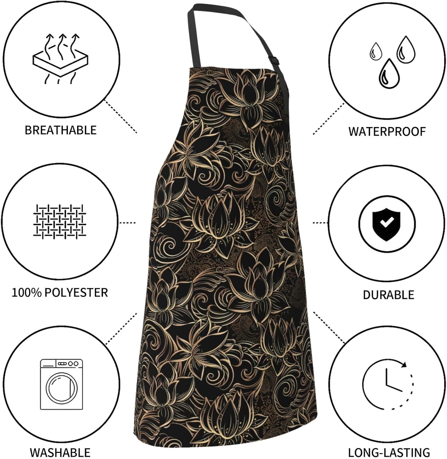 JENKEM Delantal impermeable de flores de loto dorado boho con bolsillos delantales de cocina ajustables babero de cocina para hornear hogar