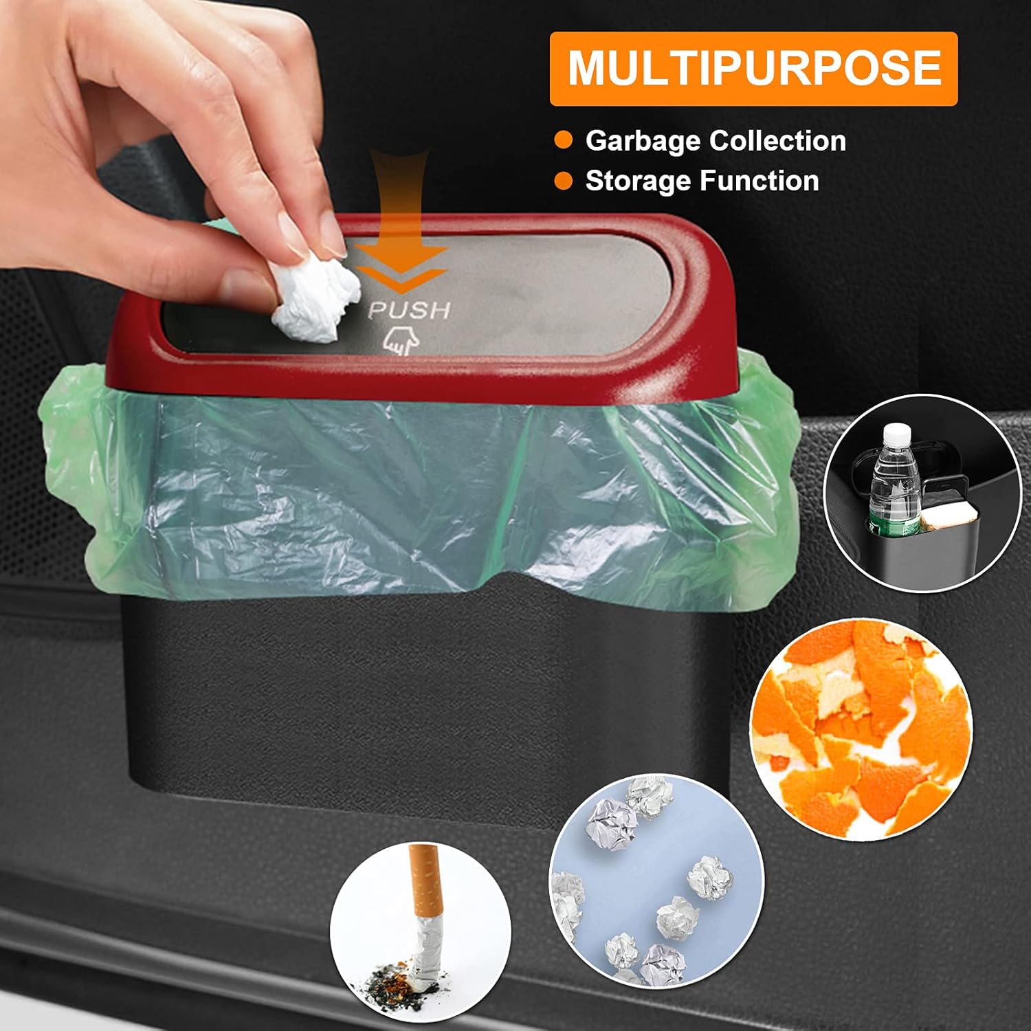 Cubo de basura para automóvil con tapa y 150 bolsas de basura para automóvil pequeño, a prueba de fugas, mini accesorios para automóvil, papelera,