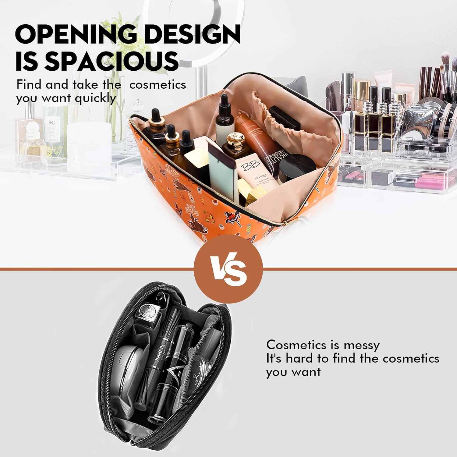 Bolsa de maquillaje portátil que se abre plana para un fácil acceso, bolsa de cosméticos impermeable, bolsa de aseo personal, accesorios de viaje
