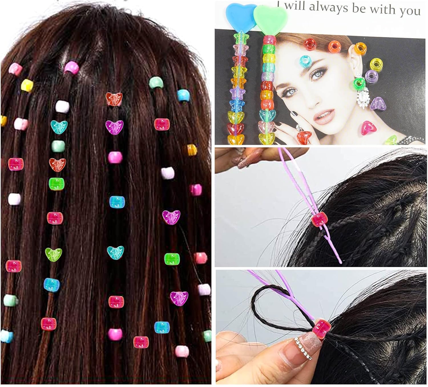 1680 cuentas de pony para trenzar el cabello, estrellas acrílicas con purpurina de corazón, cuentas de agujero grande con banda de goma elástica,