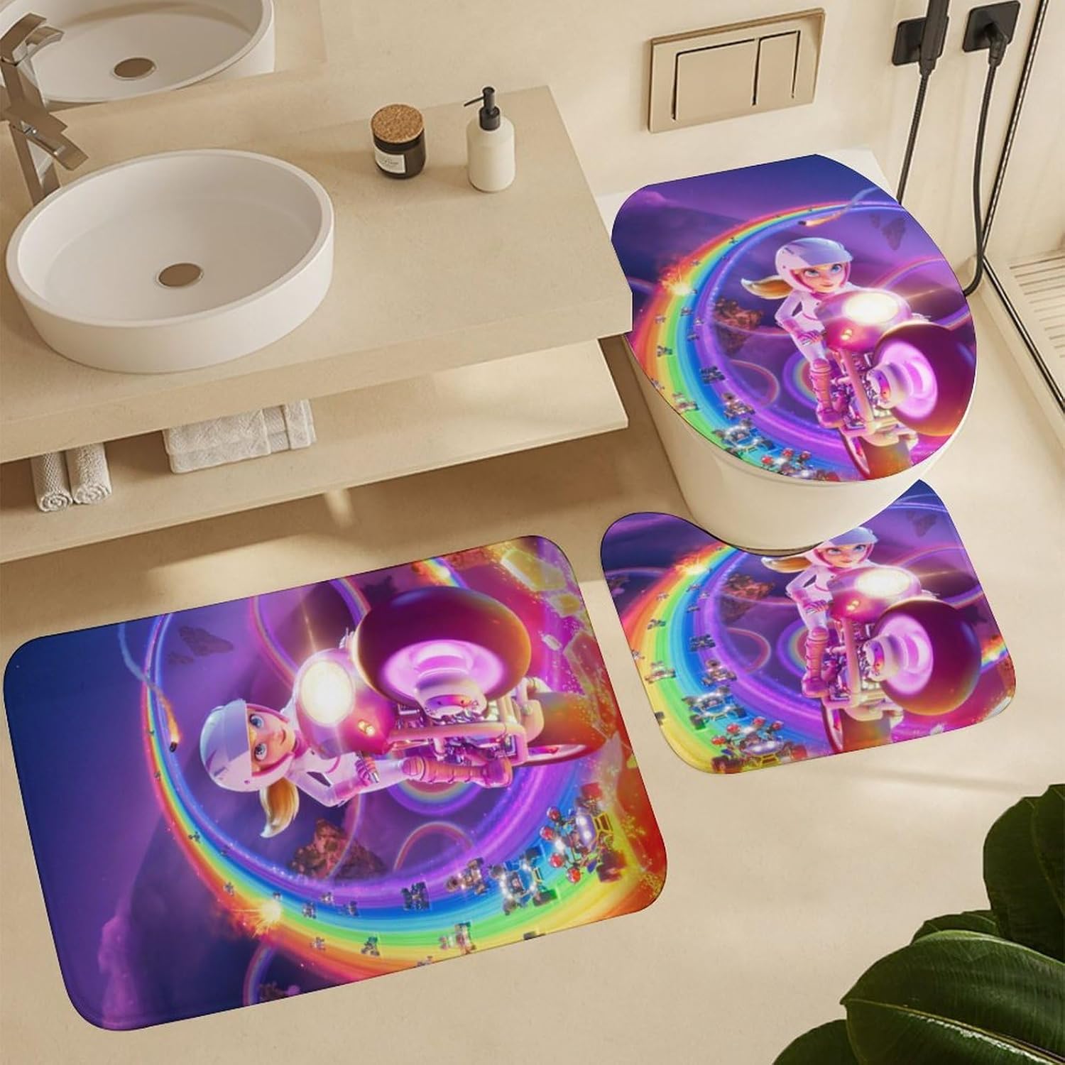 Juego de cortina de ducha de juego de dibujos animados con alfombra antideslizante, cubierta de tapa de inodoro, tapete de baño, juego de baño