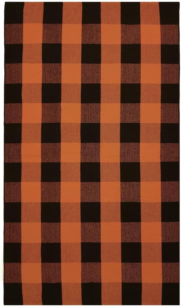 KOZYFLY Alfombra de lana cuadriculada de 4 x 6 pies, color naranja y negro, alfombra lavable de algodón tejida a mano para puerta de Halloween, para