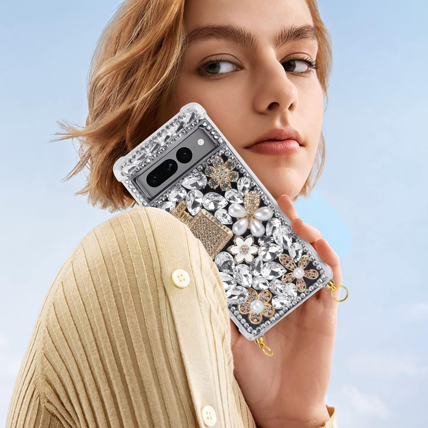 Leiju Case Funda para Google Pixel 7 con diseño de correa con purpurina, 3D hecha a mano con piedras brillantes de cristal y diamantes brillantes