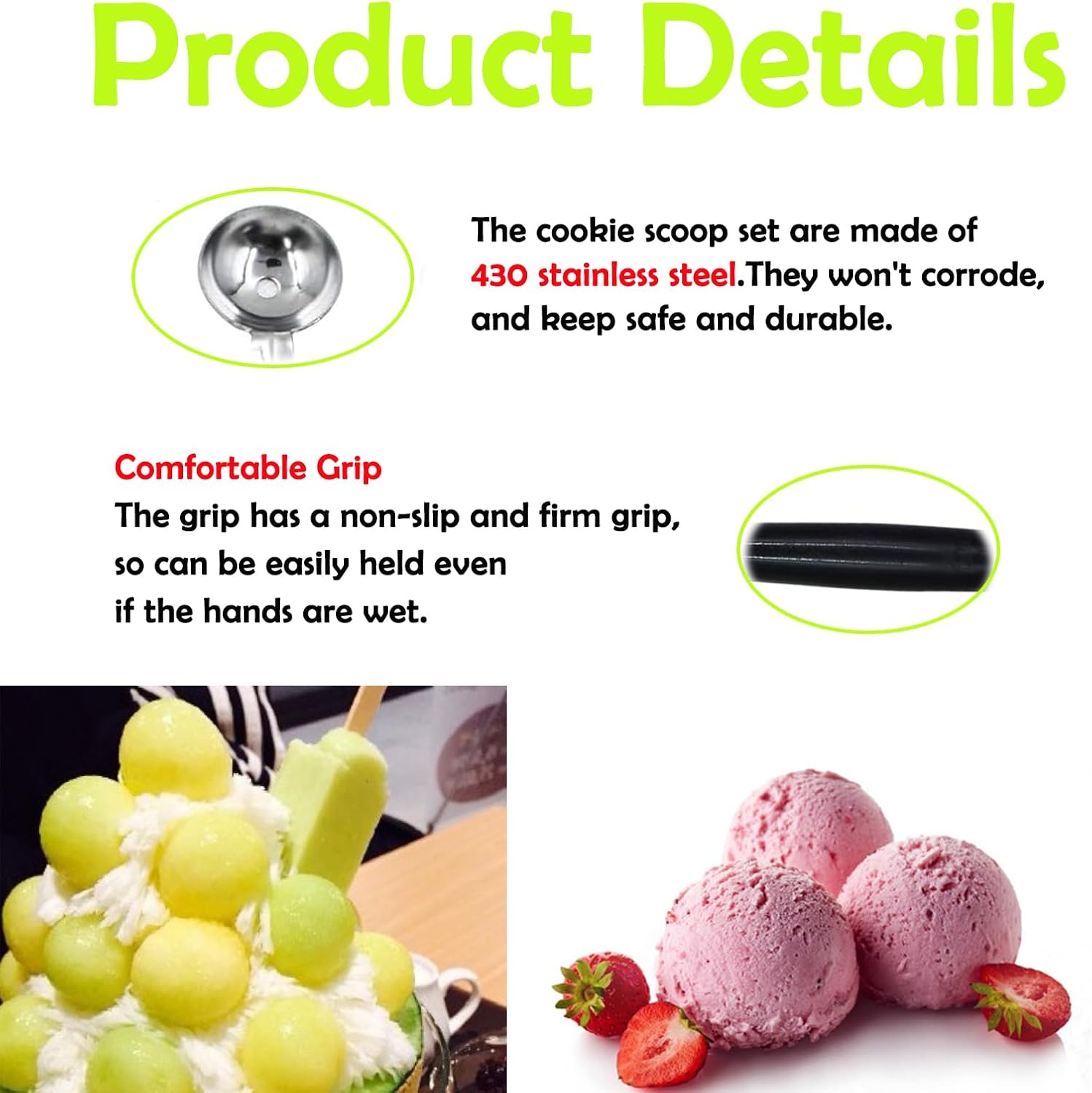 Paquete de 4 cucharas de bola de helado de fruta de doble extremo, bola de melón de acero inoxidable 430, bolas de melón redondas lisas para sandía,