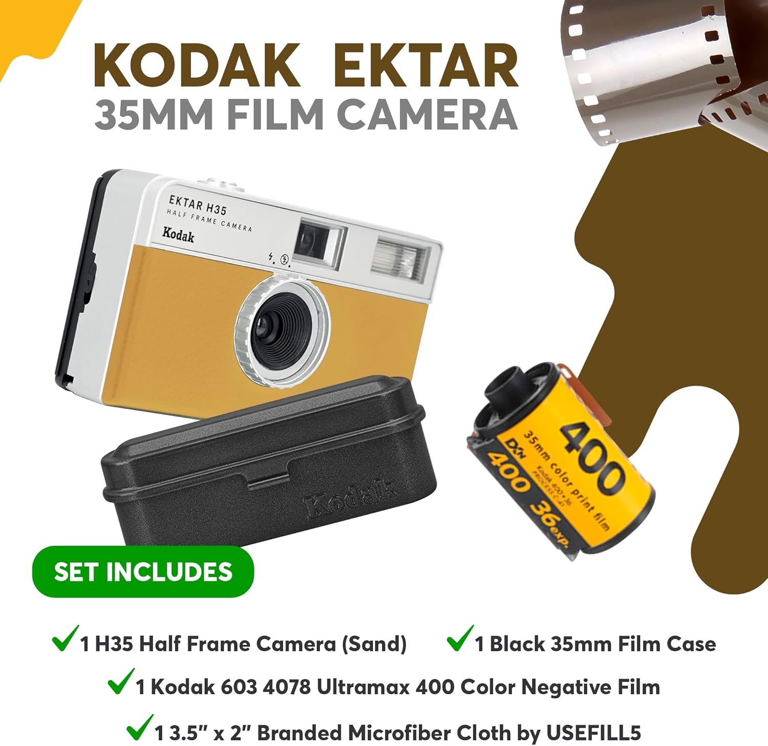 USEFILL5 – Cámara de película reutilizable de 1.378 in, incluye cámaras de película Kodak Ektar H35, estuche de película de color negro arena para 5