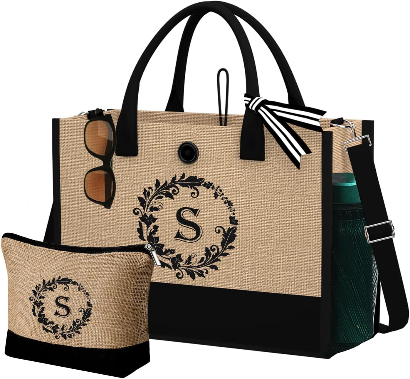 Regalos de cumpleaños para mujer  Bolsas de mano con inicial de yute y maquillaje con correa ajustable, bolsas de mano con monograma bordado