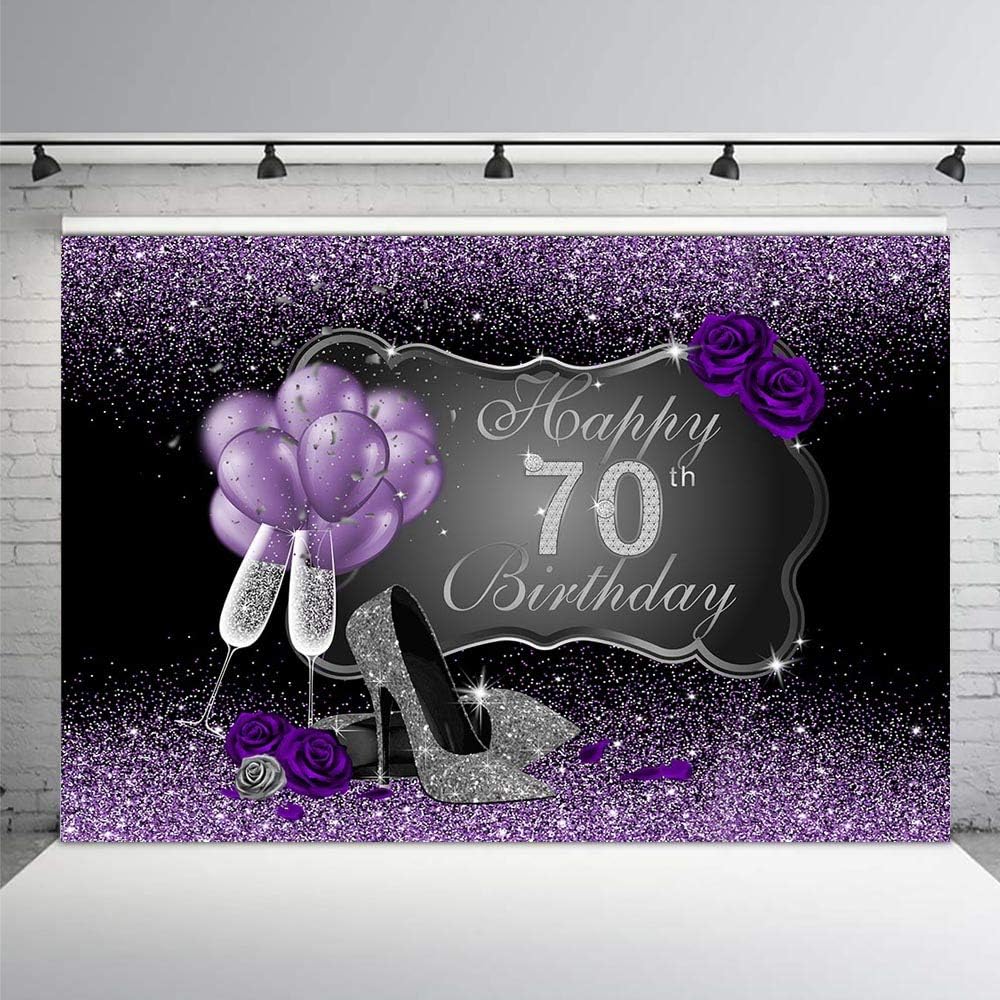 MEHOFOTO Fondo fotográfico negro y morado con tacones altos plateados, globos de rosa morada para fiesta de cumpleaños número 70, telón de fondo