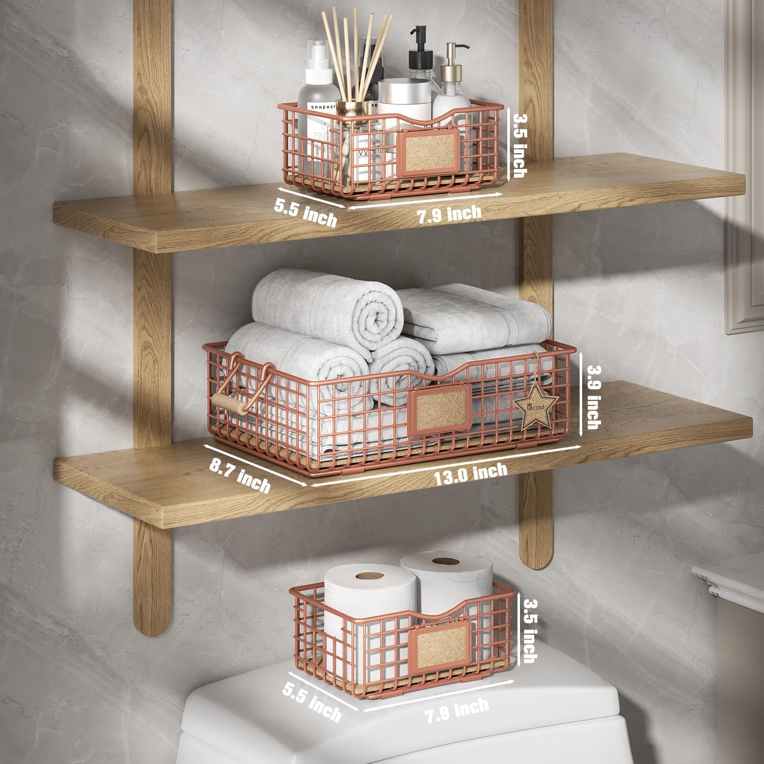Qcold Cesta de almacenamiento de alambre, cestas de metal para estantes, organizador multiusos de mostrador con asas de madera, contenedores de