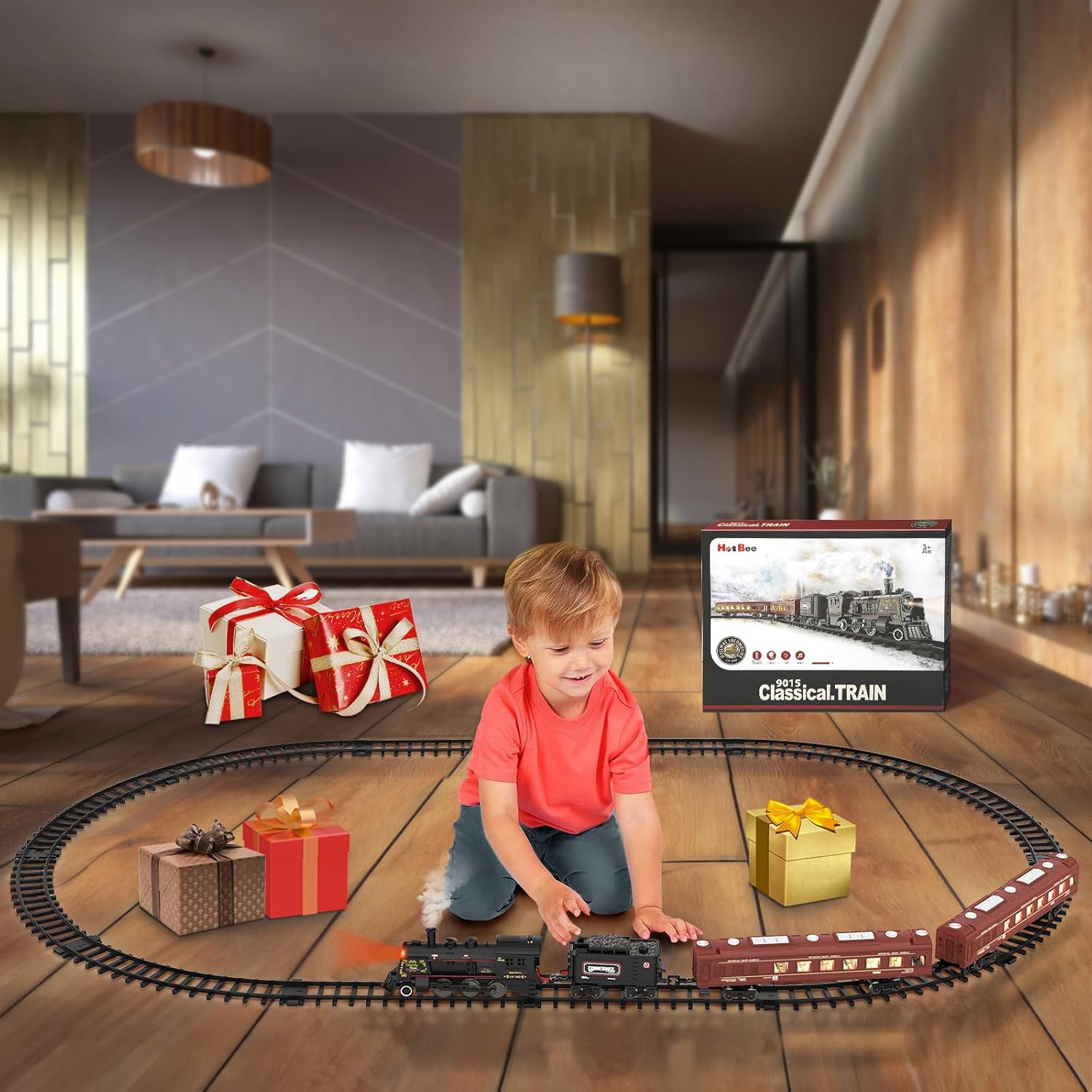 Hot Bee Juego de tren  Modelo de juguetes de tren con vagones de pasajeros brillantes, locomotora de vapor y pistas, trenes eléctricos de metal con