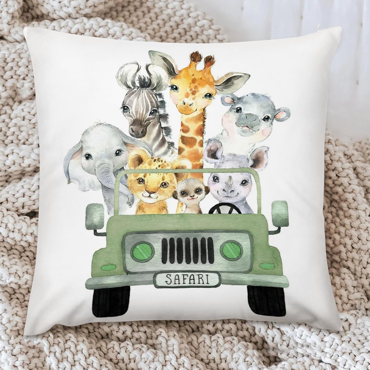 Funda de almohada decorativa para bebé niño y niña, diseño de safari con diseño de camión de animales de safari, funda de cojín de selva,
