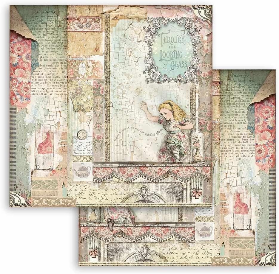 Stamperia International Mini almohadilla para álbum de recortes, doble cara, Alice Through The Looking Glass, 8 x 8 pulgadas, varios