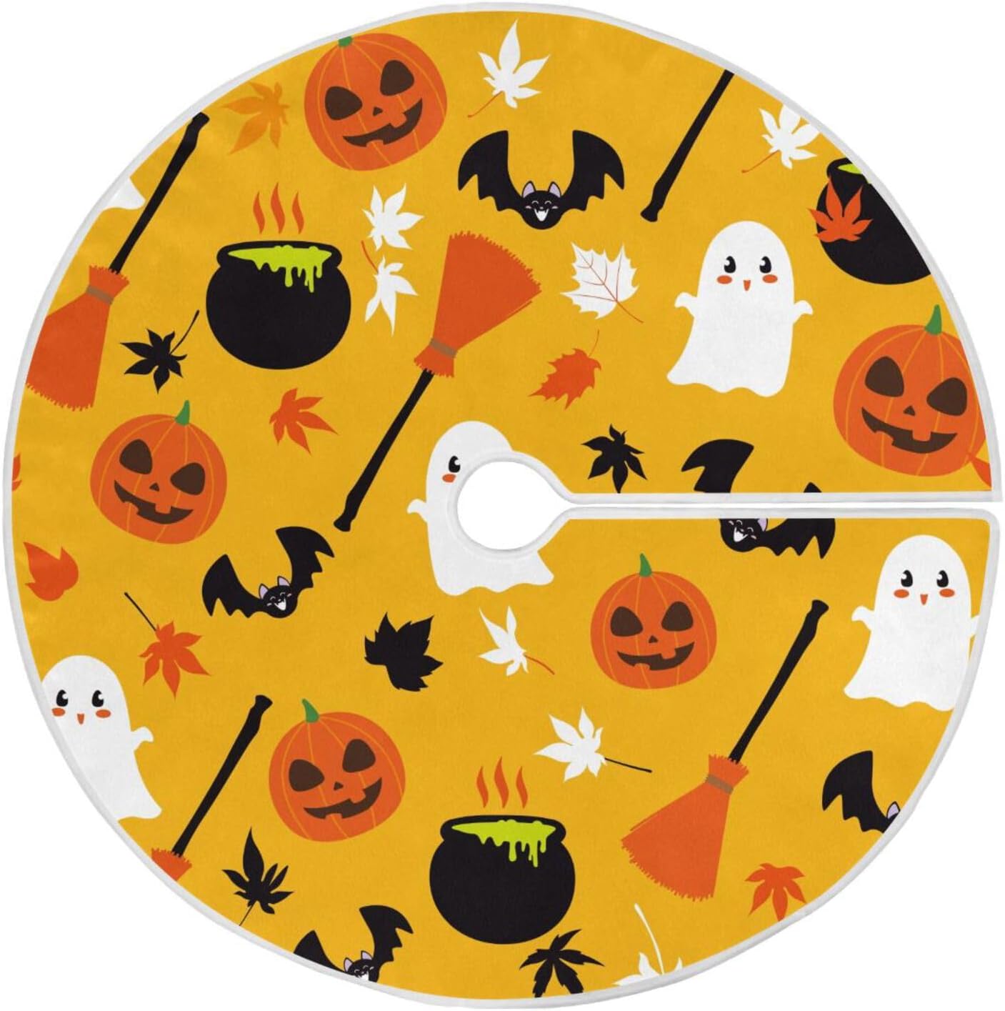 Happy Halloween Pattern White Tree Base Skirt, Canvas Tree Skirt, 47.2 in Decoration for Christmas Tree, Fall Home Decor