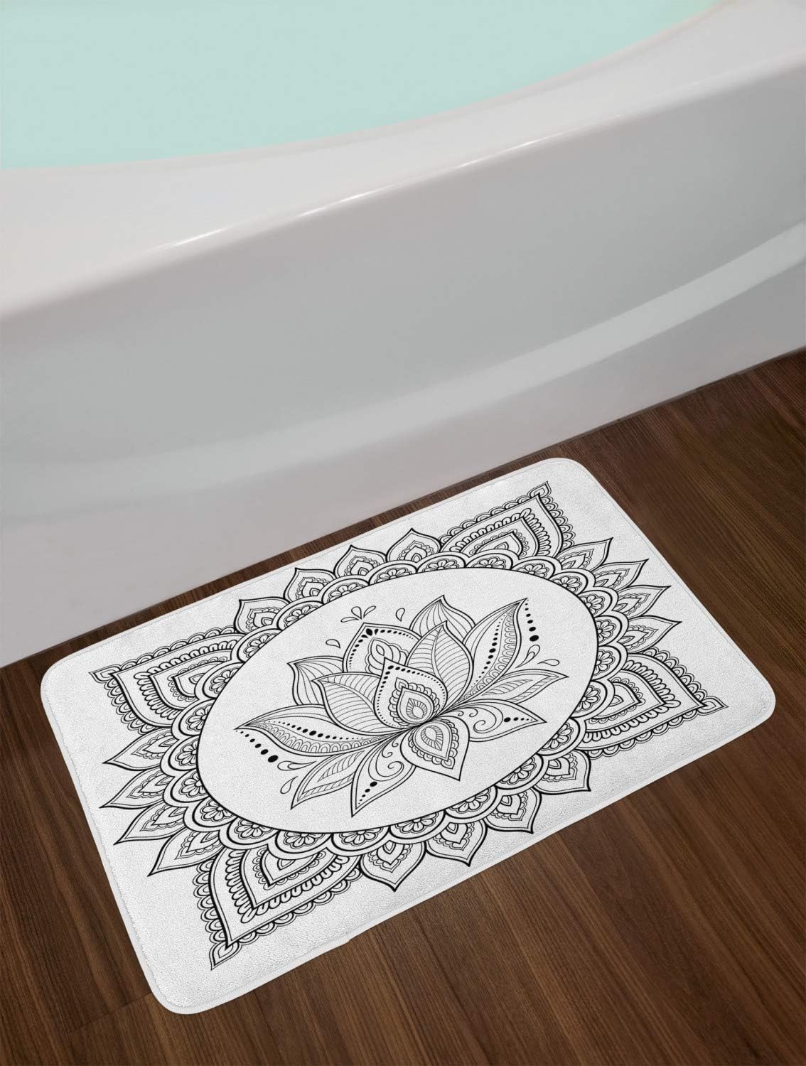 Ambesonne Tapete de baño con diseño de mandala, arte de tatuaje, flor de loto, adorno intrincado de estilo oriental, tapete de felpa para decoración