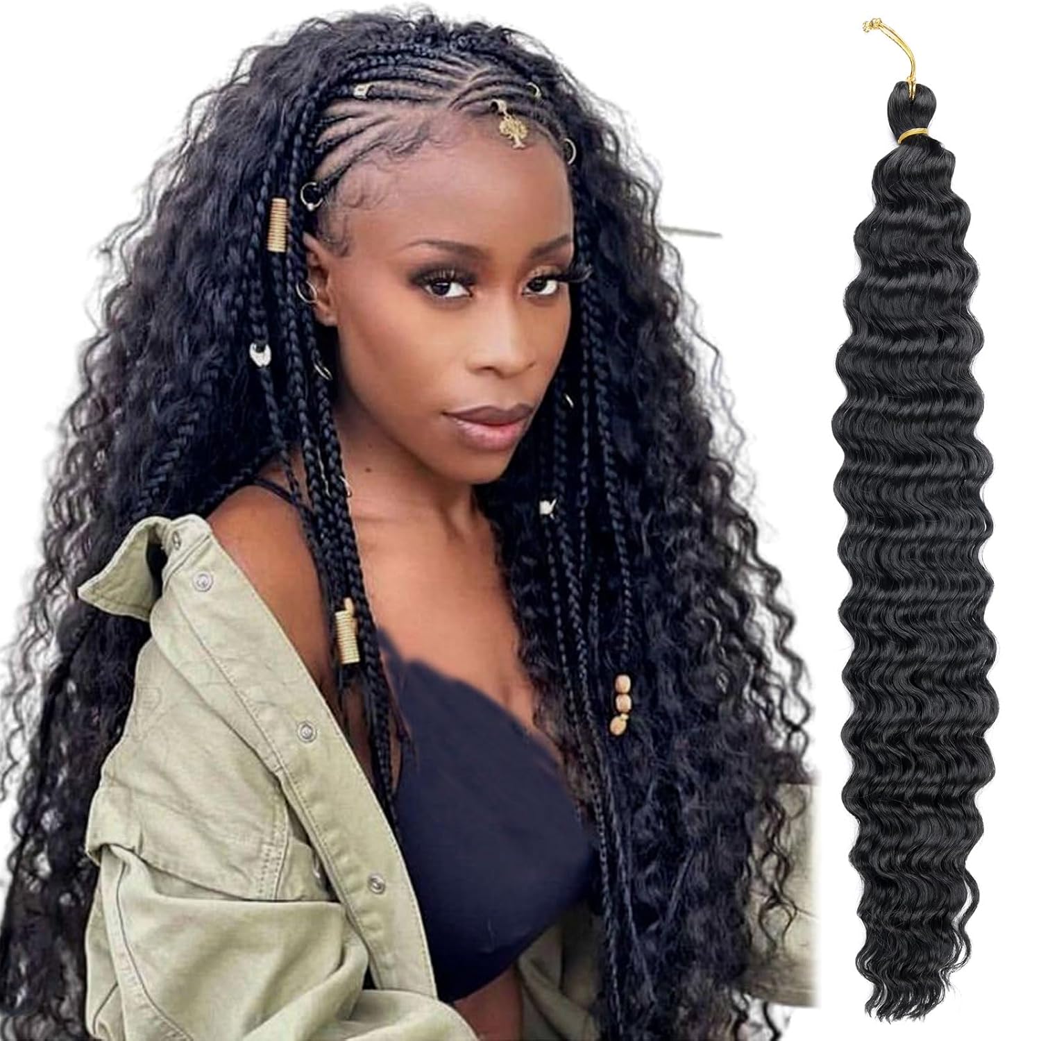 BATISI Cabello ondulado de ganchillo de 18 pulgadas, 1b negro ondulado profundo, rizado, trenzado, 1 paquete de cabello sintético rizado para